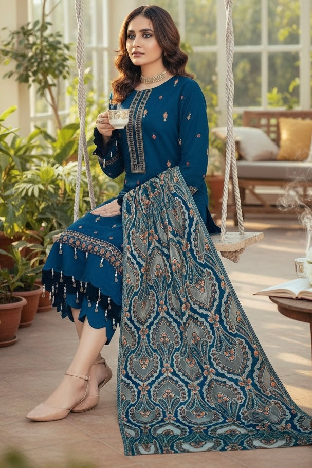 Bareeze Unstitched | Luxury Dhanak Embroidered 3PC | Laser Cut Shawl