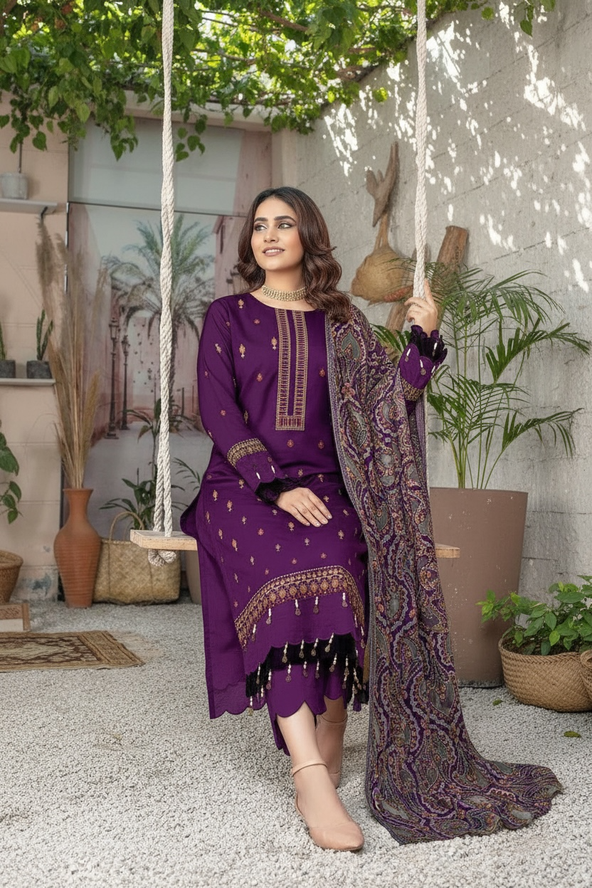 Bareeze Unstitched | Luxury Dhanak Embroidered 3PC | Laser Cut Shawl