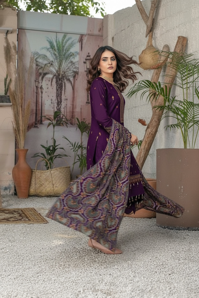 Bareeze Unstitched | Luxury Dhanak Embroidered 3PC | Laser Cut Shawl