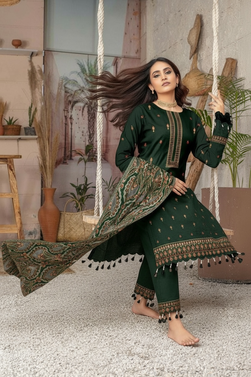 Bareeze Unstitched | Luxury Dhanak Embroidered 3PC | Laser Cut Shawl